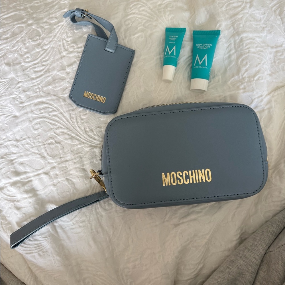 Moschino Dusty Blue Leather Wristlet with Luggage Tag